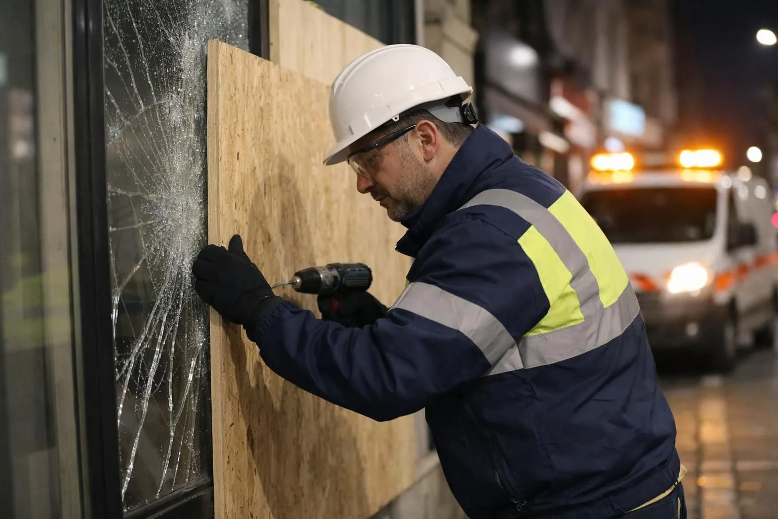 Professional glazier securing a broken storefront window at night in Lille's urban commercial district, wearing safety equipment while installing temporary protection boards, emergency van visible with orange safety lights, reflecting the urgency of commercial glass repair in Northern France metropolitan area