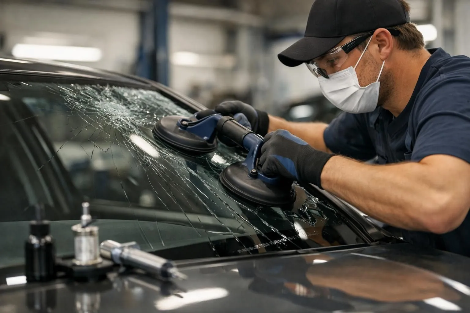 Technician replacing broken car windshield in workshop, showing professional glass repair service with tools and protective equipment, realistic scene