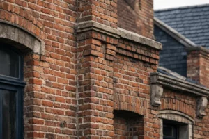 Aerial view of Roubaix city showcasing characteristic red brick buildings, traditional northern France architecture with textile factory heritage, neighborhood streets and local commercial areas, natural daylight, authentic urban landscape without any text or signage