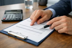 Gros plan sur un document de devis professionnel avec calculatrice et stylo sur un bureau, mains d'un professionnel pointant des lignes de facturation pour changement mécanisme volet roulant prix, ambiance lumineuse naturelle d'un bureau moderne