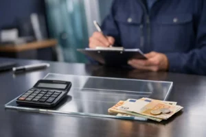 Close-up of transparent invoice with calculator and euro bills on desk, glazier estimating repair costs, professional lighting, trust and transparency in pricing concept, modern office setting
