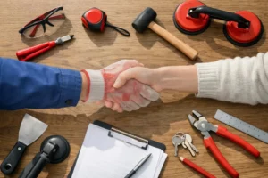 Professional transparent handshake between glazier and homeowner with clear contract and professional tools visible on wooden table, natural lighting showing trustworthy business atmosphere in modern Lille home setting, no text or words