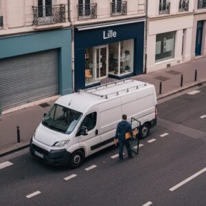 Professional emergency glazier van with reflective markings parked outside a Lille storefront with broken window, technician in work uniform carrying tools and glass panel, early morning urban French street scene with typical northern French architecture, blue hour lighting