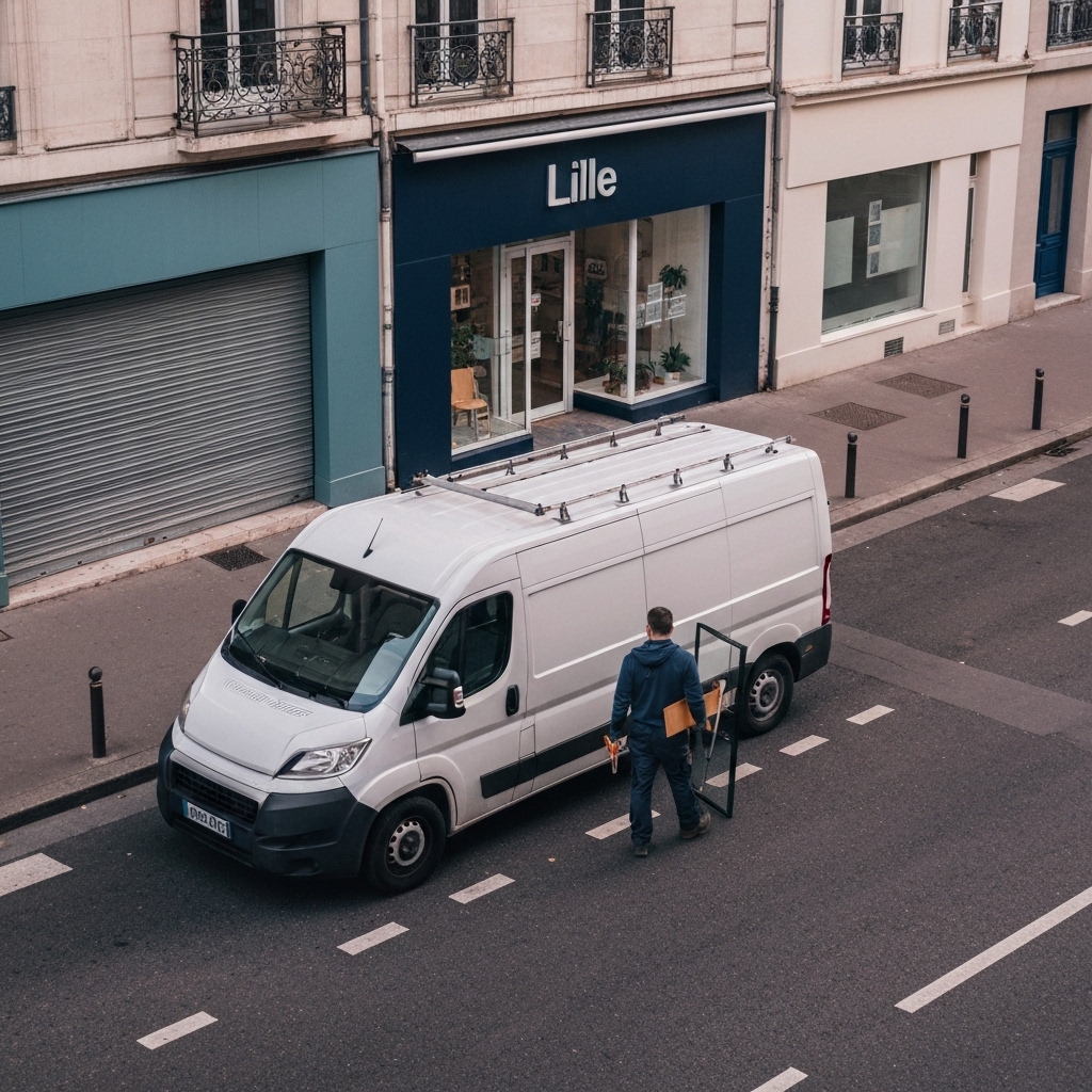 Professional emergency glazier van with reflective markings parked outside a Lille storefront with broken window, technician in work uniform carrying tools and glass panel, early morning urban French street scene with typical northern French architecture, blue hour lighting