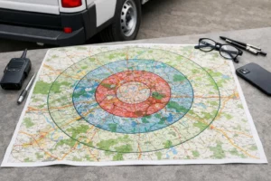Professional glazier technician examining a detailed map of the Lille metropolitan area marked with service zones and intervention radiuses, with a transparent overlay showing concentric circles at 10km and 20km distances from Lille city center, realistic professional setting with vehicle visible in background