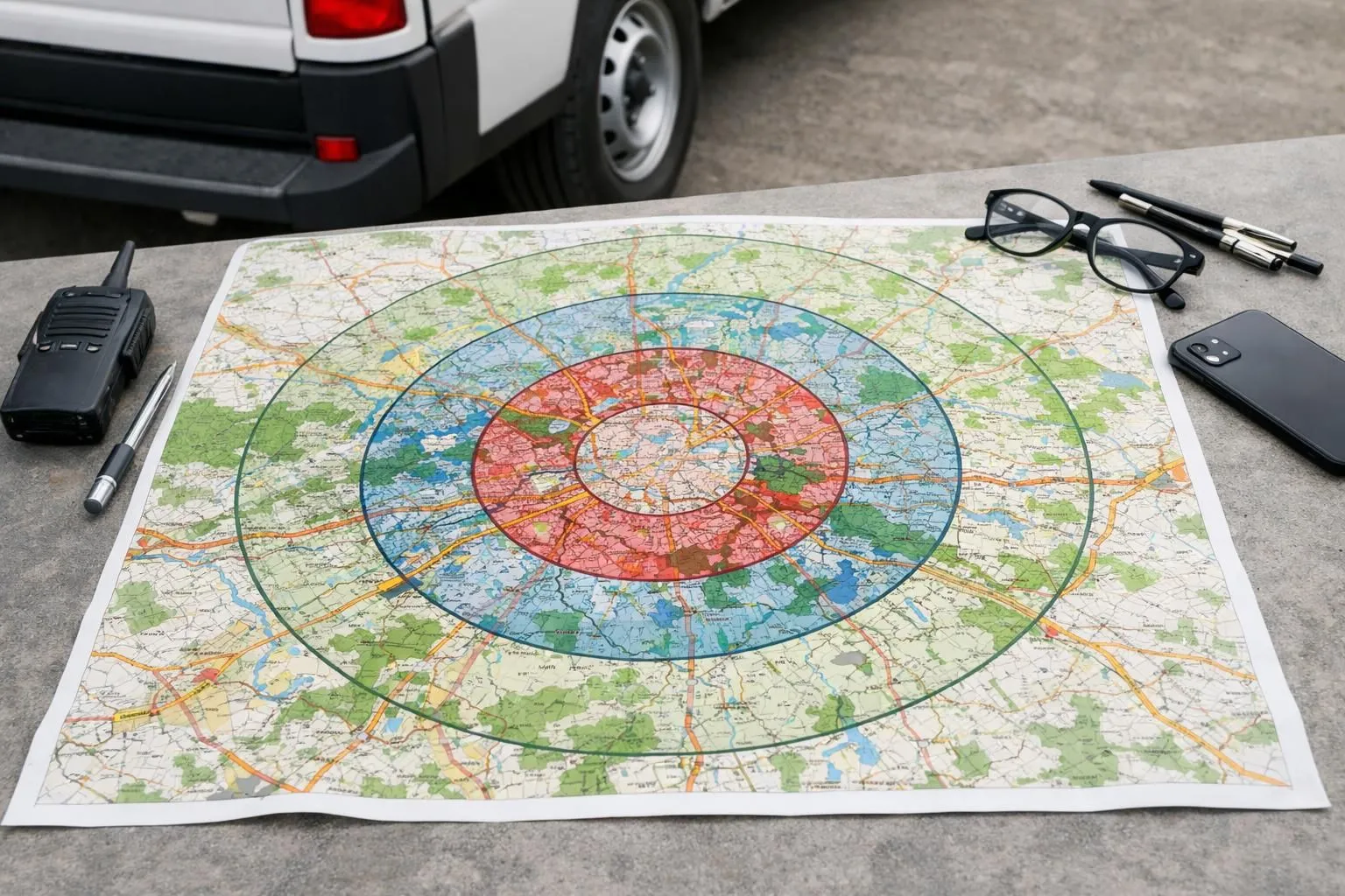 Professional glazier technician examining a detailed map of the Lille metropolitan area marked with service zones and intervention radiuses, with a transparent overlay showing concentric circles at 10km and 20km distances from Lille city center, realistic professional setting with vehicle visible in background