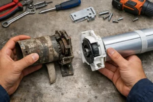 Close-up of a technician's hands holding side by side an old worn roller shutter mechanism with rust and a new modern mechanism, both displayed on a professional workbench in a workshop, showing the contrast between aged and new parts