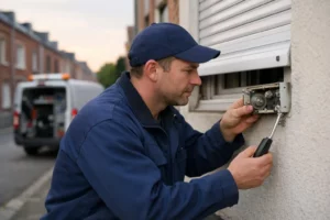 Professional repair technician wearing work uniform examining a broken roller shutter crank mechanism on a residential building facade in Lille, with service van visible in background displaying emergency repair equipment, natural daylight setting showing real intervention scenario