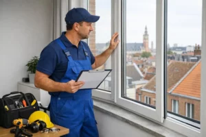 Professional glazier in uniform inspecting a quality double-glazed window installation in a modern Lille apartment, holding a certification document, with tools and safety equipment visible, natural daylight showing the meticulous craftsmanship