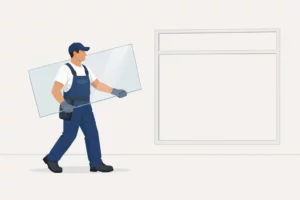 Vitrier pour professionnels à Lille, transportant une nouvelle vitre pour une installation rapide en commerce ou bureau.