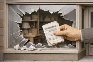 Vitrine magasin cassée en papier, main avec document d'assurance. Information clé pour votre indemnisation.