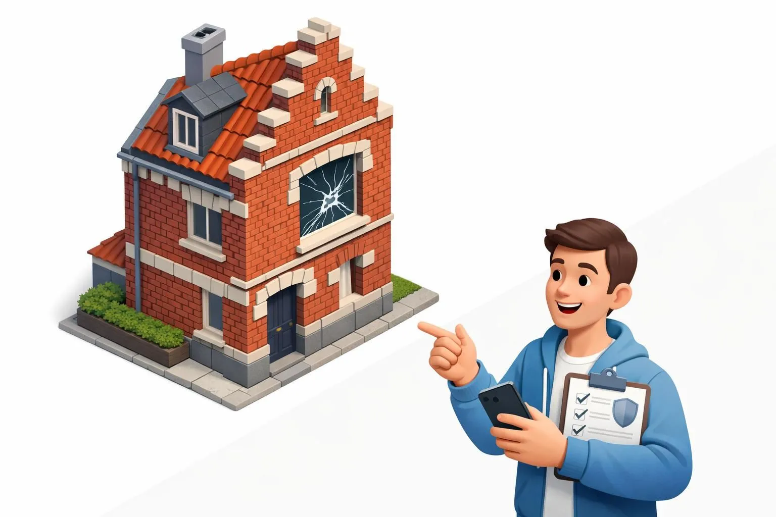 Vitre brisée sur une maison lilloise : illustration 3D isométrique d'une personne activant son assurance habitation en urgenc