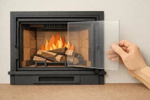 Main en papier craft posant une nouvelle vitre sur un insert de cheminée. Illustre le prix remplacement vitre insert cheminée