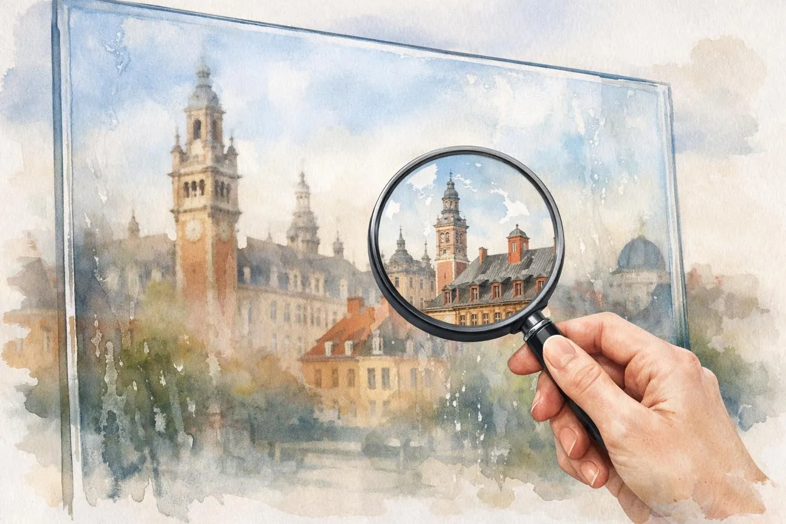Aquarelle: loupe examinant une vitre transparente reflétant Lille, symbolisant l'évaluation pour choisir le meilleur vitrier