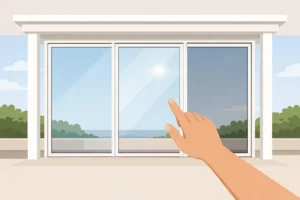 Illustration: main choisissant quel type de vitrage pour ma véranda, différentes options de vitrage présentées.