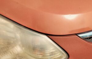 the front of a red car