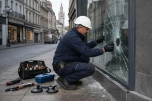 Professional glazier repairing a broken commercial storefront window in Lille city center, morning emergency intervention with tools and safety equipment visible, urban business street with historic architecture in background