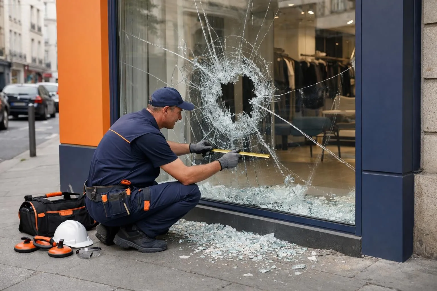 Broken commercial storefront window with shattered glass scattered on ground, professional glazier in work uniform examining damage and taking measurements, modern shop exterior in French city street, emergency repair scenario with safety equipment visible