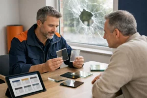 Professional glazier showing different glass samples to homeowner while pointing at window frame, tablet displaying pricing options visible on table, natural daylight through damaged window, realistic documentary style photograph