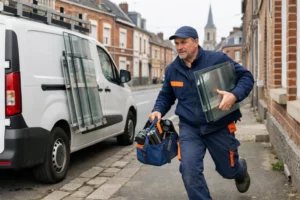Professional glazier in work clothes arriving quickly with his van at a residential building in La Madeleine, carrying glass panels and tools, urban French street setting with typical northern French architecture, realistic documentary style photography