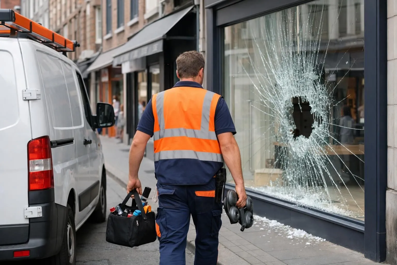 Professional glazier technician in reflective vest arriving with tools and van at broken storefront window in Lille metropolitan area, urban commercial street setting with sense of urgency, daytime realistic scene
