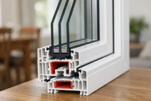 Close-up view of a double-glazed window cross-section showing two glass panes with spacer bar and seal between them, mounted in a white PVC frame, natural daylight filtering through, residential interior visible in background, focus on the technical layers and joint details