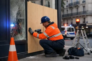 Professional glazier in safety gear securing a shattered storefront window with protective panels in urban French setting, emergency lighting visible, focused work scene showing urgency and expertise