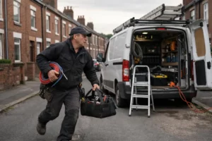 Artisan en tenue de travail professionnelle intervenant rapidement sur une porte d'entrée endommagée dans une rue résidentielle typique du Nord de la France, véhicule utilitaire visible, atmosphère de fin de journée suggérant l'urgence, outils professionnels visibles, environnement urbain lillois avec façades en briques rouges