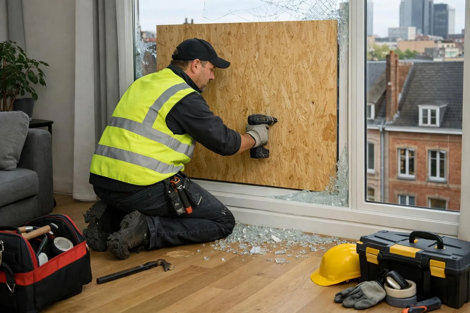 Professional emergency glazier in high-visibility vest carefully securing shattered window frame with protective boarding in modern Lille apartment, glass debris visible on floor, safety equipment and tools nearby, natural daylight showing urgency of situation
