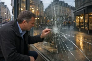 Commerçant inquiet inspectant une grande vitrine commerciale fissurée dans une rue animée de Lille au petit matin, reflets urbains sur le verre endommagé, ambiance crépusculaire avec devanture de magasin visible en arrière-plan