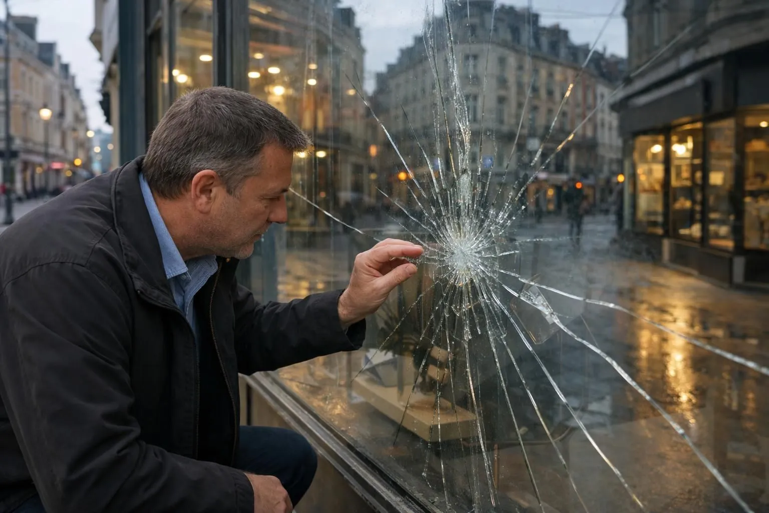Commerçant inquiet inspectant une grande vitrine commerciale fissurée dans une rue animée de Lille au petit matin, reflets urbains sur le verre endommagé, ambiance crépusculaire avec devanture de magasin visible en arrière-plan