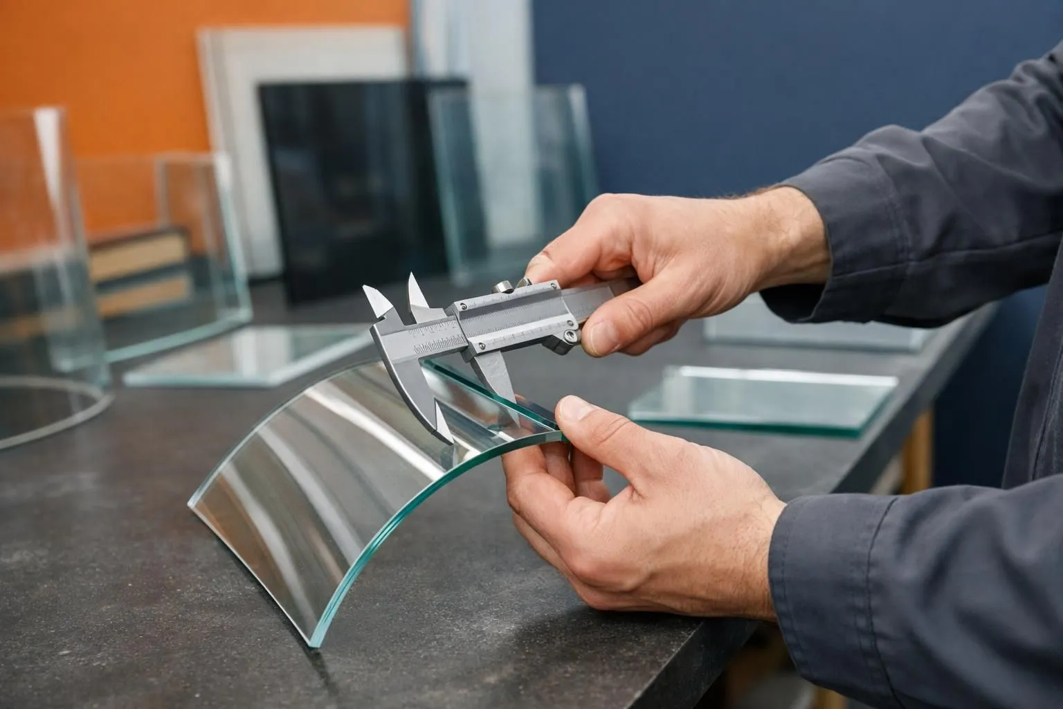 Professional technician measuring a curved fireplace insert glass panel with calipers and examining the ceramic glass quality, workshop environment with different glass types visible on workbench