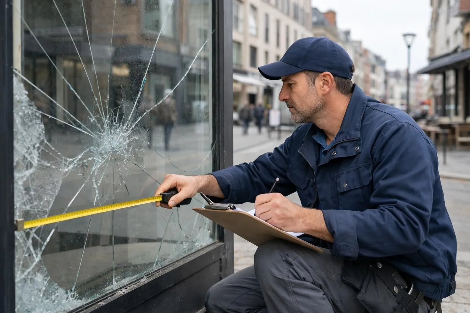 Professional glazier in work uniform measuring broken storefront glass with tape measure while writing notes on clipboard, modern Lille commercial street visible in background, natural daytime lighting, realistic photography style showing detailed quote preparation process