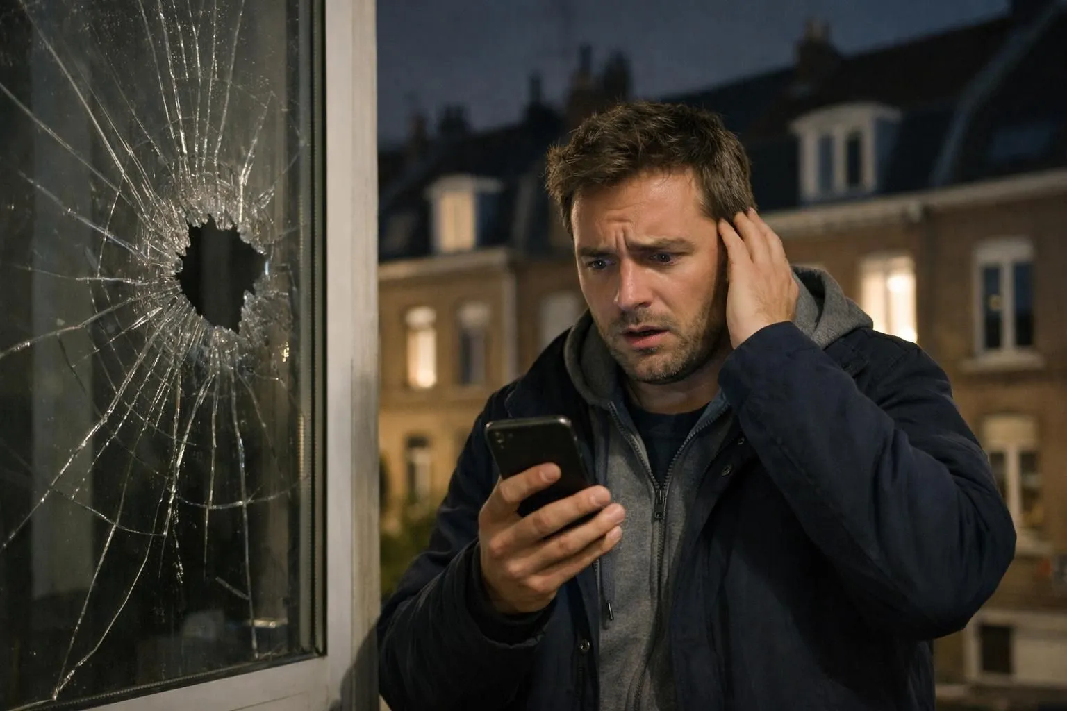 Lille resident at night holding smartphone looking stressed at broken window glass, urban French apartment building background, worried expression, emergency situation, realistic photography style