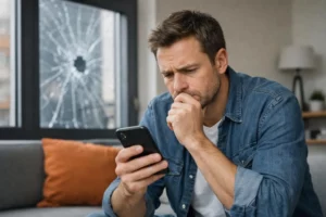 Homeowner in Lille reading customer reviews on smartphone with worried expression, broken window glass visible in background, emergency repair situation, realistic indoor scene, anxious person making decision