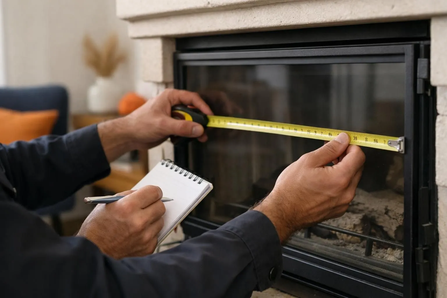 Professional technician measuring fireplace insert glass dimensions with measuring tape and notepad in modern French living room with traditional chimney, close-up hands using professional tools, warm natural lighting, photorealistic style