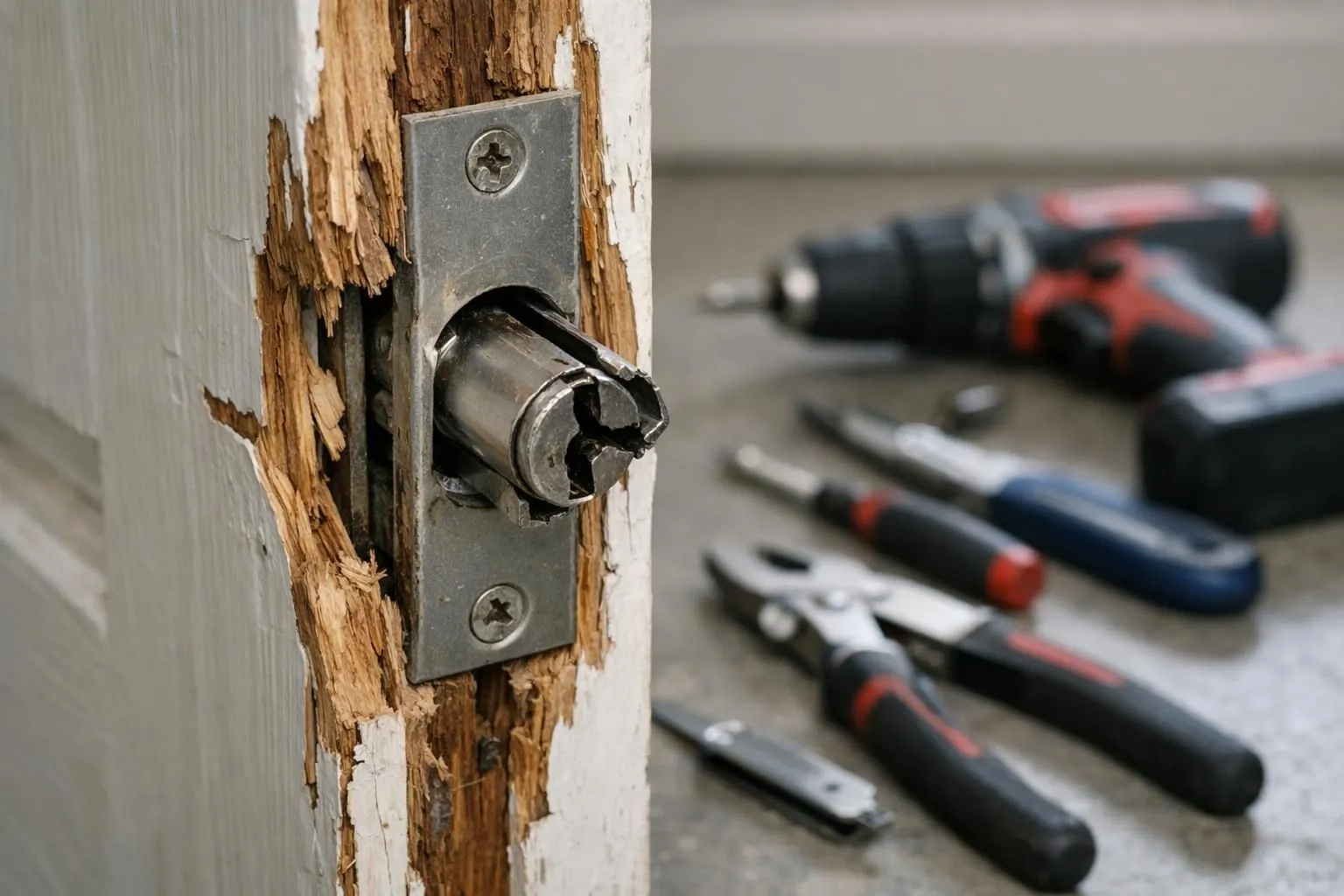 Close-up of a damaged residential door lock with splintered wood frame and broken cylinder after burglary, emergency locksmith tools visible nearby, realistic photography style showing urgency of post-break-in security repair in Lille area