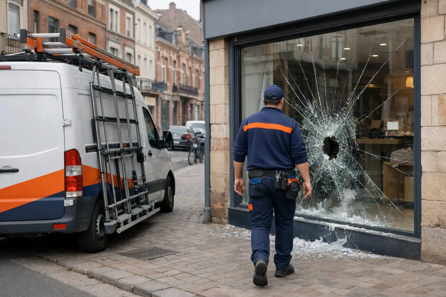 Professional glazier technician arriving in marked van at damaged commercial storefront with broken window in urban Roubaix setting, daytime emergency response scene showing urgency and professionalism without any visible text or signage