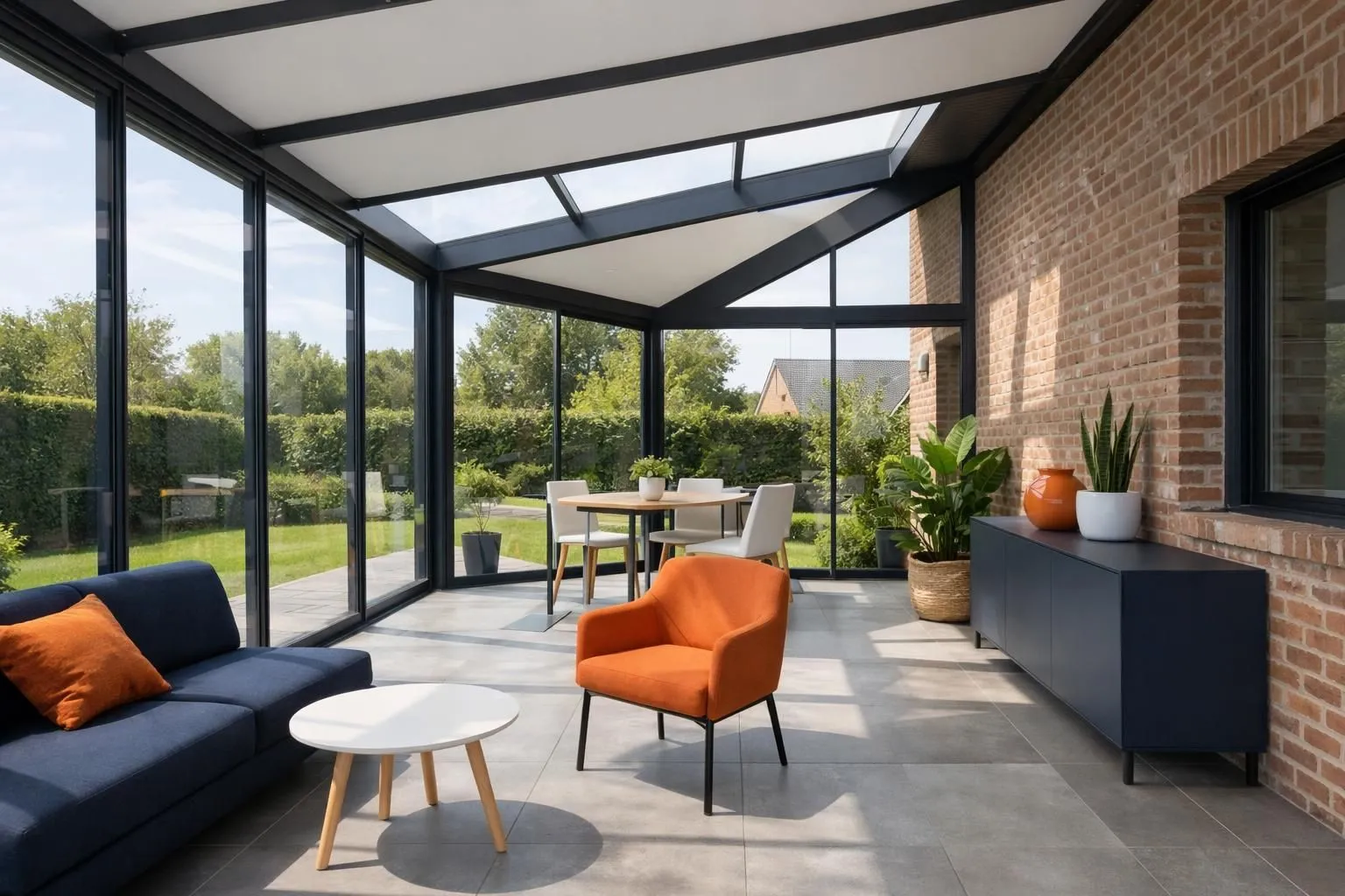 Modern glass veranda extension with contemporary double-glazed windows attached to brick home, natural daylight streaming through transparent panels, comfortable living space with plants, professional real estate photography style, Lille metropolitan area architecture