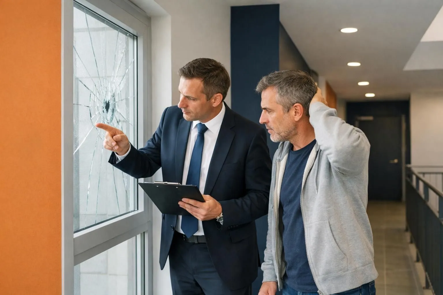 Professional property manager in business attire examining a broken window with a concerned resident in a modern Lille apartment building hallway, natural lighting, realistic scene showing condominium interior