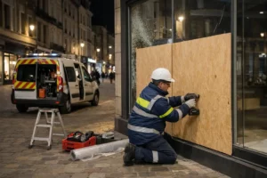 Professional glazier in safety gear securing large broken commercial storefront with protective boarding panels, emergency van visible in background, night scene in Lille metropolitan area, commercial street with shops, realistic lighting, high-quality professional photography