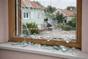 Close-up photograph of a shattered residential window with broken glass fragments on the ground, wooden frame visible, depicting emergency damage in a suburban French neighborhood setting, natural daylight, realistic style showing actual glass breakage pattern