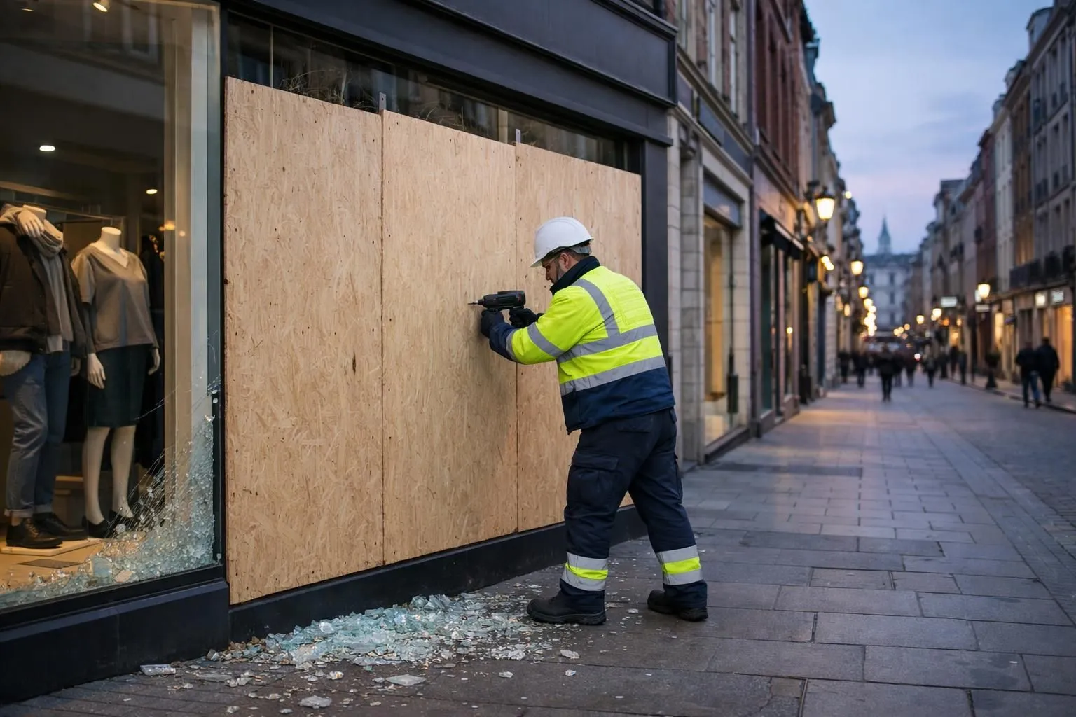 Emergency glazier securing broken storefront window with temporary boarding, glass shards on ground, Lille urban commercial street at dusk, professional worker in safety vest, realistic documentary style photograph