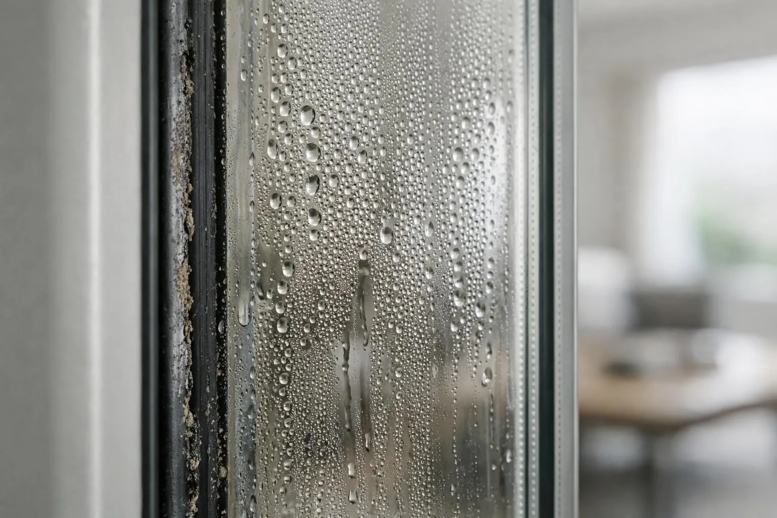 Close-up macro photograph of condensation water droplets trapped between two panes of double glazing, showing internal moisture accumulation and seal failure, realistic lighting with blurred room interior in background