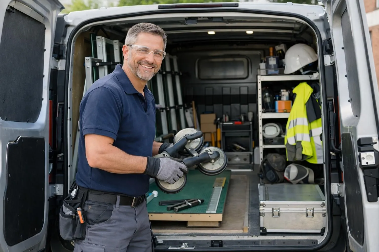Professional glazier van equipped with specialized glass handling tools and protective equipment parked in a residential street of Seclin, ready for emergency intervention, showing professional equipment through open back doors including safety gear and glass cutting tools