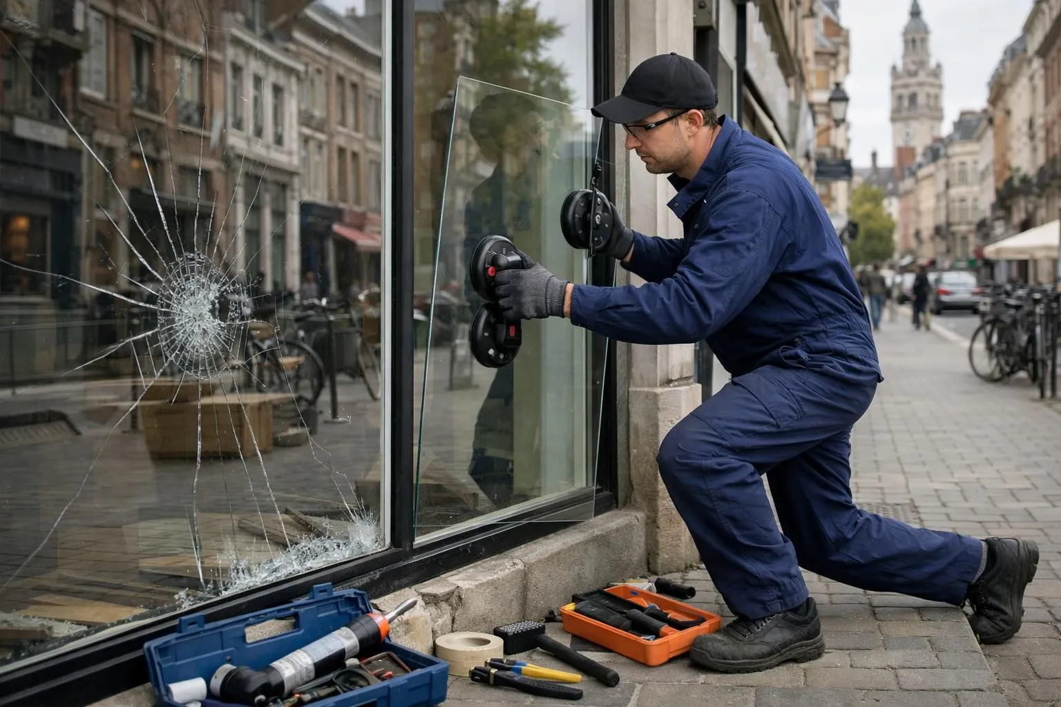 Artisan vitrier professionnel en combinaison de travail remplaçant une grande vitre brisée dans une devanture de magasin à Lille, avec des outils spécialisés et des gants de protection, vitre de remplacement visible, environnement urbain de la métropole lilloise en arrière-plan