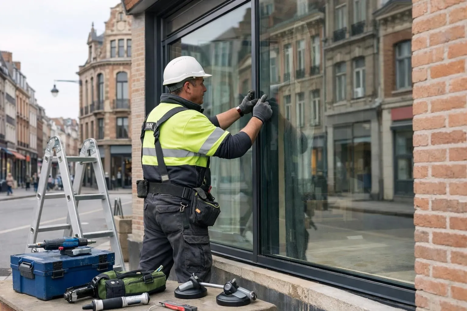 Professional glazier installing large modern storefront window on commercial building in Lille downtown, with visible tools and safety equipment, daytime urban setting with brick architecture