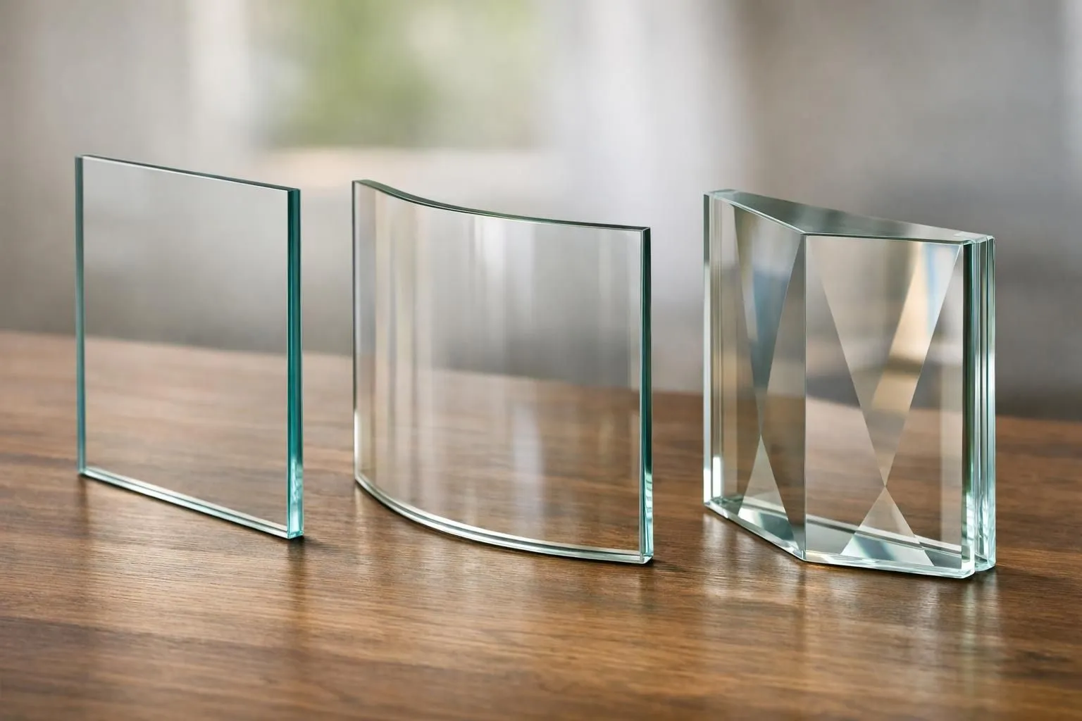 Close-up comparison of three fireplace insert glass panels side by side on wooden surface: flat standard panel, curved panel, and prismatic multi-faceted panel, showing thickness and edge details in warm natural lighting
