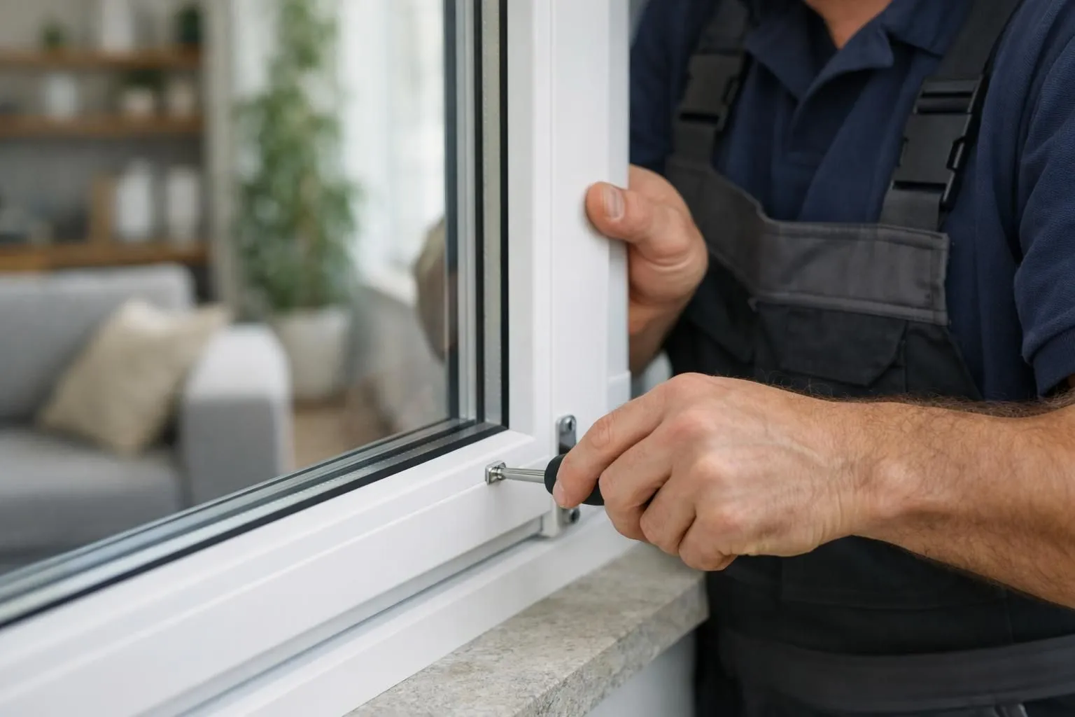 Professional glazier installing modern double glazing window in bright Lille home interior, showing hands working on window frame with contemporary residential setting visible, natural daylight, realistic workplace scene, NO text or labels