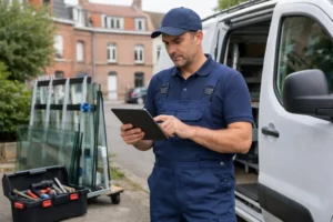 Professional glazier in work uniform examining customer review checklist on tablet while standing next to his van in residential Lille neighborhood, toolbox and glass sheets visible, natural daytime lighting showing trustworthy service provider